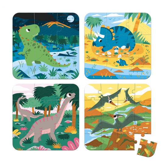 4 puzzels in een koffer - dinosaurussen 6, 9, 12 en 16 stukjes