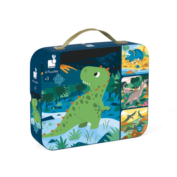 4 puzzels in een koffer - dinosaurussen 6, 9, 12 en 16 stukjes
