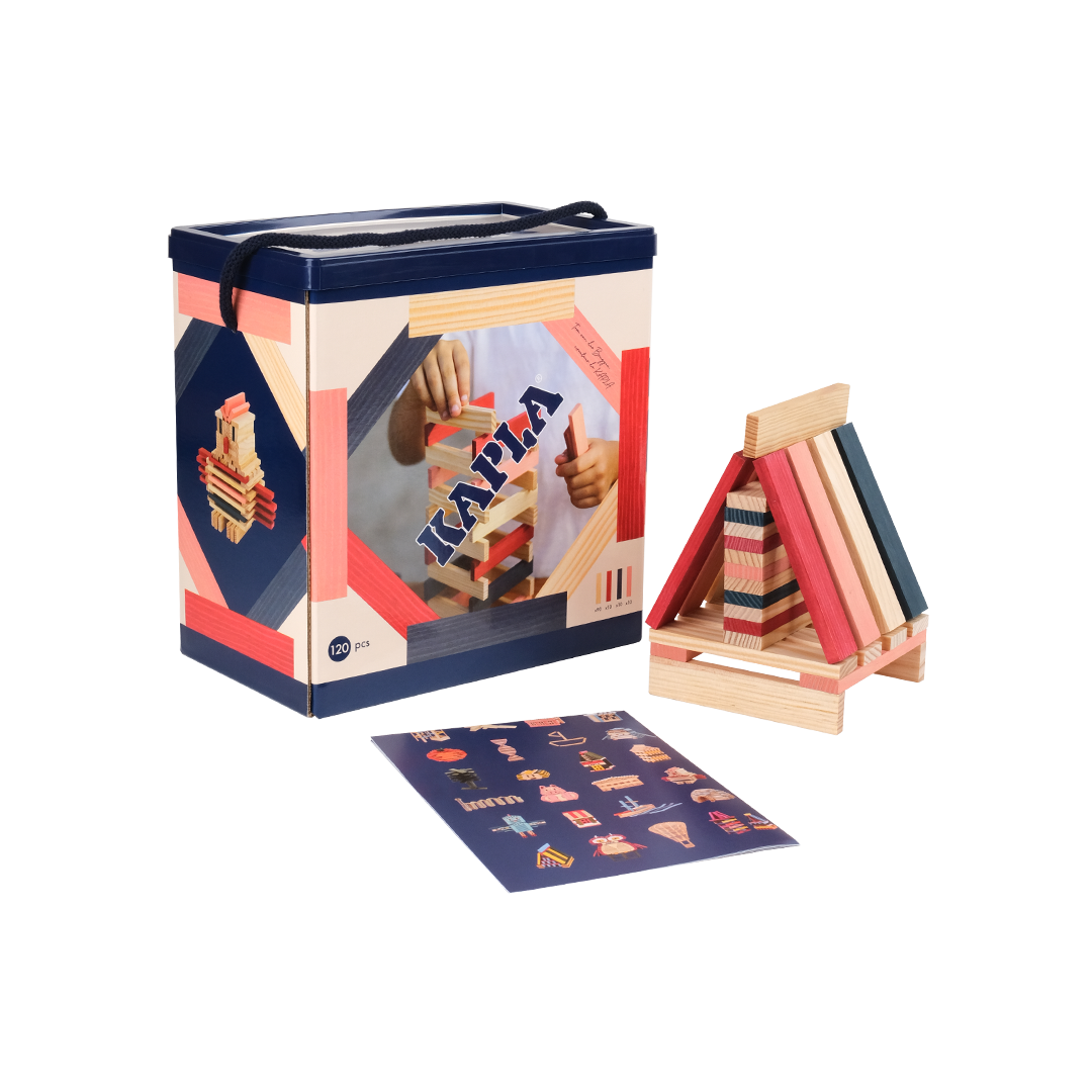 Kapla set van 120 plankjes met rood, roze en blauw
