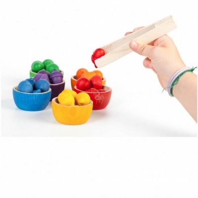 6 houten bakjes met 36 eikeltjes en een tang