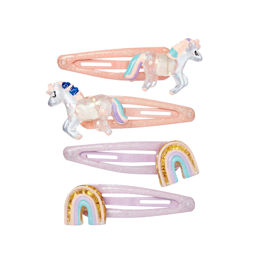 4 Haarclipjes en -schuifjes met paard en regenboog - Sanna