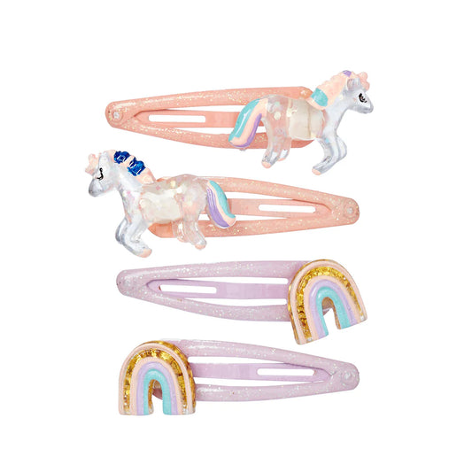 4 Haarclipjes en -schuifjes met paard en regenboog - Sanna